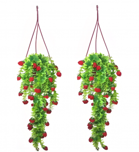 Artificial Flower Bunch with Hanging Pot Beautiful Red Rose Velvet Creepers